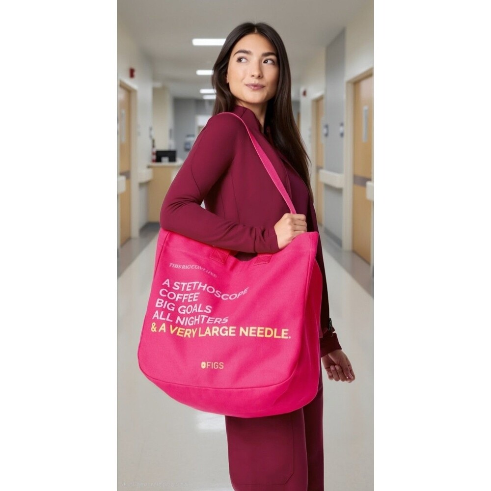 FIGS Shocking Pink Canvas Tote Bag A Very Large Needle Medical Nurse Scrubs Tote
